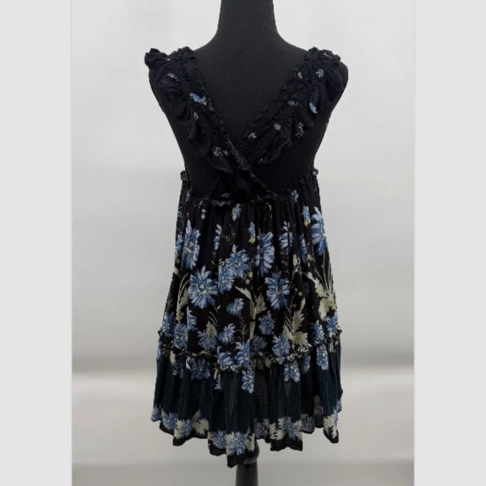 Intimately Free People Dress Women Small Black Blue Floral Slip Ruffle ScoopNeck